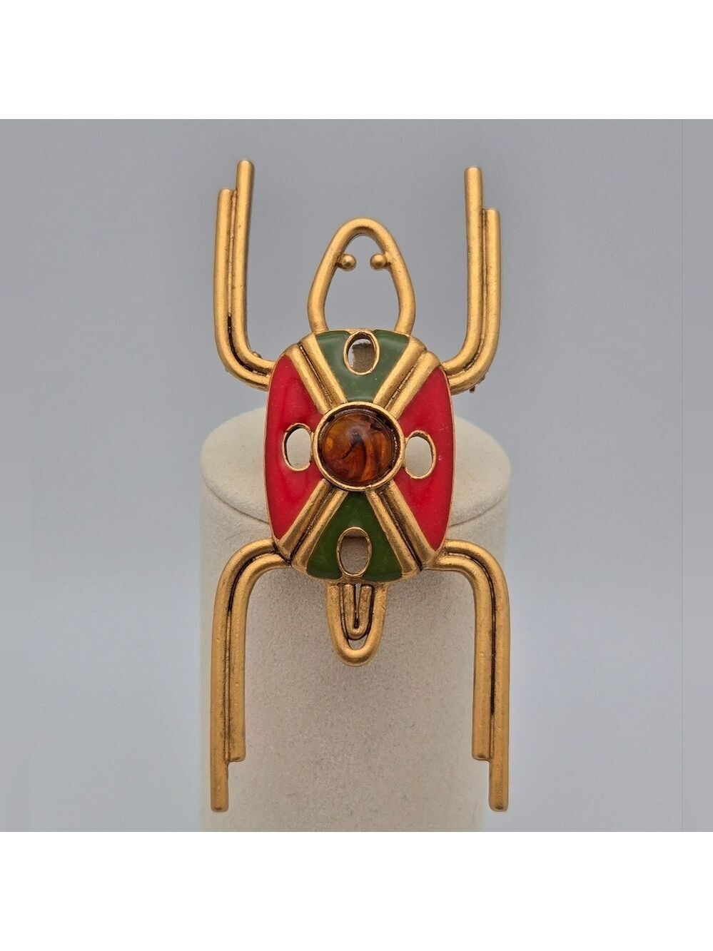 Handmade Beetle Scarab Insect Gold Enamel Amber Statement Brooch